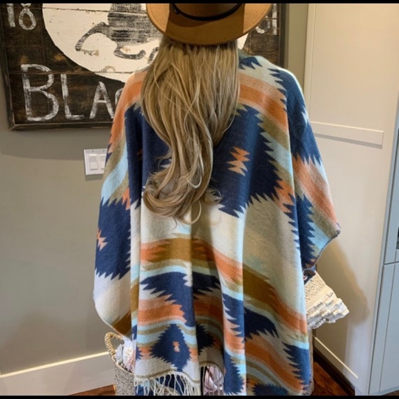 New Aztec Western Fringe Poncho Blanket Cardigan Sweater - Picture 7 of 9